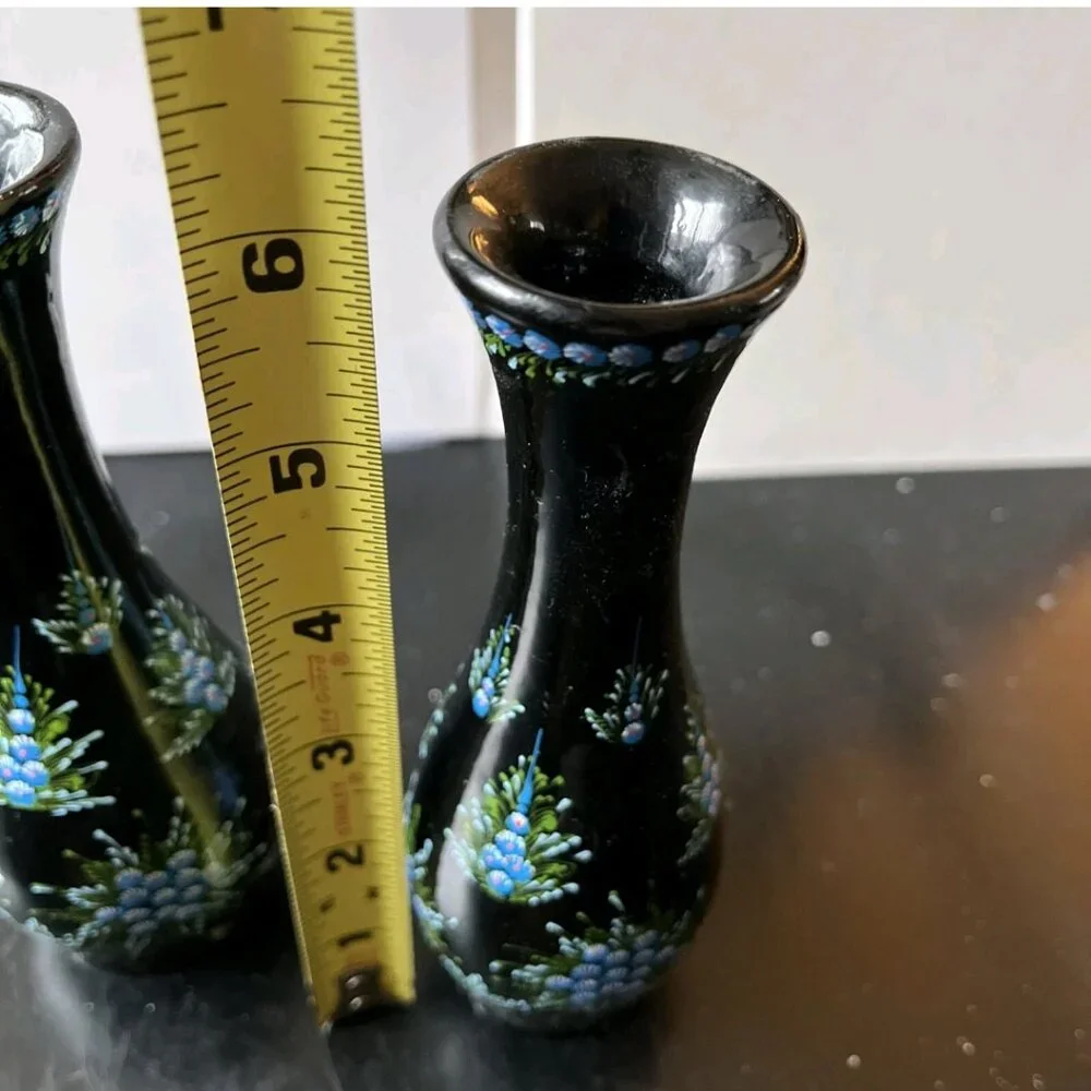 Vintage Japanese Black Lacquer Bud Vases Set of 2 Hand Painted Blue Floral